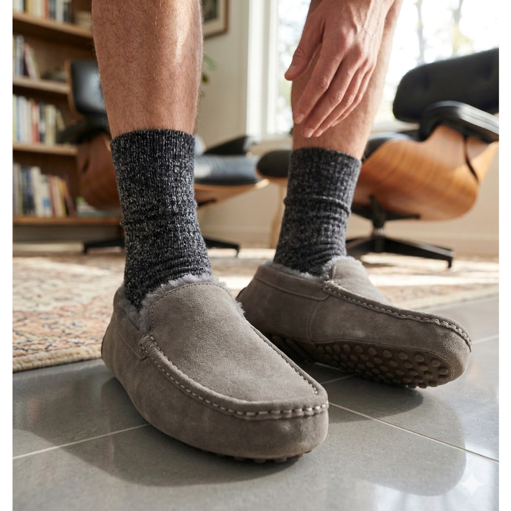 Dluxe by Dearfoams Men's Genuine Shearling Moccasin 13 Slippers Grey